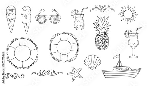 Summer vacation icon collection Hand drawn beach and travel elements for holiday design Vector doodle set