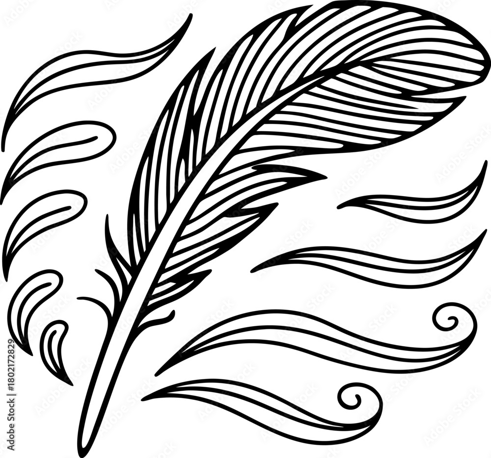 Fototapeta premium feather with swirling lines, elegant black outline drawing graceful quill, decorative wind and motion art