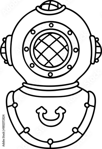 Classic diving helmet illustration vintage underwater suit, old nautical equipment, marine explorer gear line art