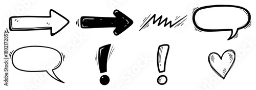 Hand drawn doodle elements vector set Collection of sketch arrows speech bubbles and comic symbols