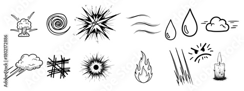 Comic Effects Doodle Icons Set Explosion Burst Speed Lines Flame Drips Candle Sketch Vector