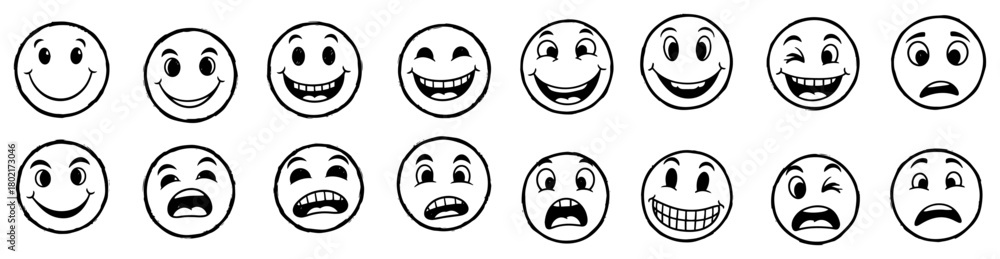 Fototapeta premium Hand drawn smiley face emoticons set Doodle cartoon emotion icons with various expressions Vector illustration