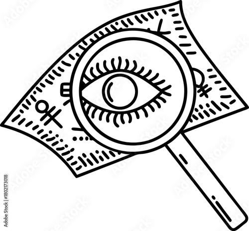 Magnifying glass inspecting paper money detailed eye symbol, currency examination, financial fraud detection concept