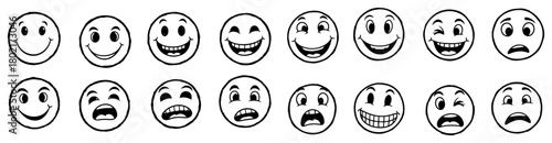 Hand drawn smiley face emoticons set Doodle cartoon emotion icons with various expressions Vector illustration