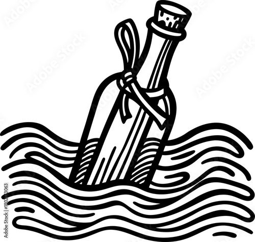 Message in a bottle floating on water hand drawn glass container, sealed and tied, drifting on wavy sea surface