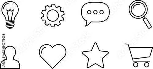 Simple line icons representing ideas communication people and various concepts
