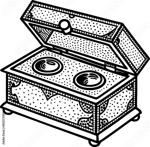 Vintage jewelry box with open lid and two compartments ornate rectangular case, hand drawn engraved illustration