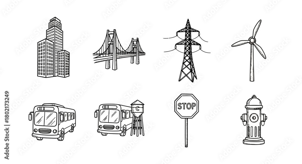 Fototapeta premium Urban and infrastructure icons in hand-drawn style for city and transportation design