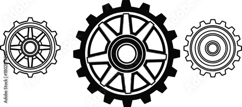 A collection of three black and white gears with varying tooth designs