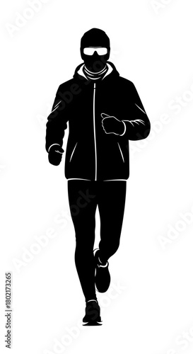 Man running in winter clothing with face mask and sunglasses  