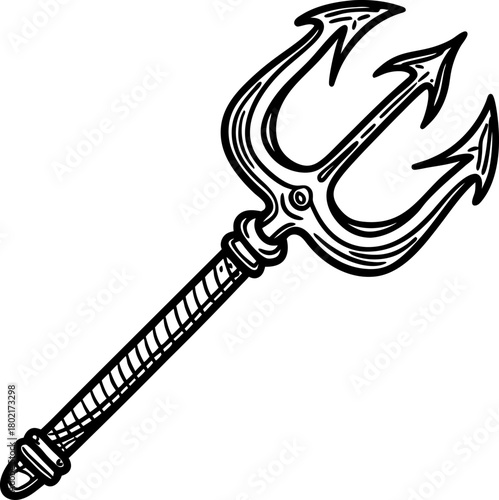 Vintage trident illustration hand drawn ancient three pronged spear weapon, mythological neptune poseidon symbol