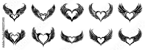Heart with wings tattoo vector icon set Collection of black tribal love symbols with angel wings