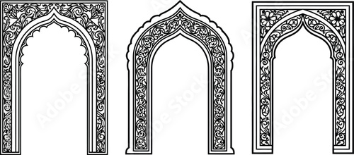 Detailed illustrations of three ornate arched doorways in black and white
