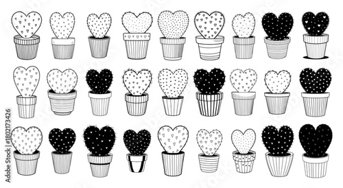 Heart shaped cactus in pot vector doodle set Collection of cute hand drawn love plants for Valentines Day