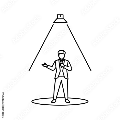 Line art icon of a speaker holding microphone under a spotlight on stage, symbolizing presentation, conference, or live event