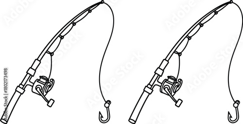 Simple black and white illustration of two fishing rods with lines and hooks