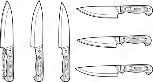 A collection of sketch knives with wooden handles displayed in a row