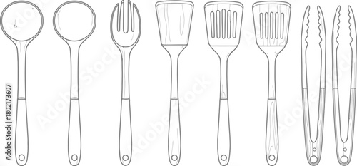 A collection of stainless steel kitchen tools laid out on a white background