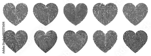 Heart fingerprint vector icon set Collection of black thumbprint love symbols for identity and romance