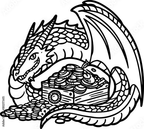 Majestic dragon guarding treasure chest full of gold coins and jewels mythical creature, fantasy wealth concept illustration