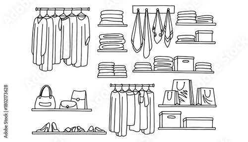 Doodle style illustration of a closet with clothes and accessories