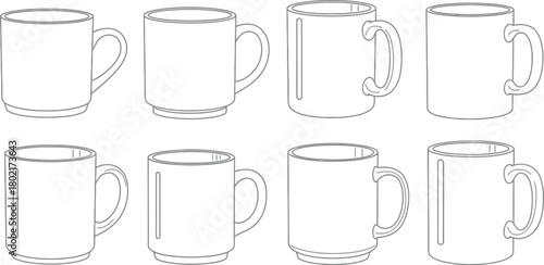 A collection of simple line drawing illustrations depicting various mug designs