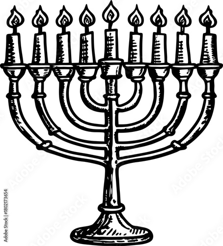 Hanukkah menorah with nine candles, traditional jewish festival symbol, hand drawn illustration, holiday celebration