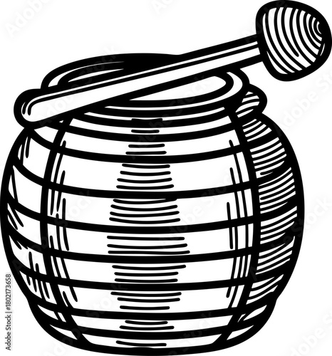 Traditional honey dipper and barrel hand drawn vintage container with striped texture, sweet food ingredient illustration