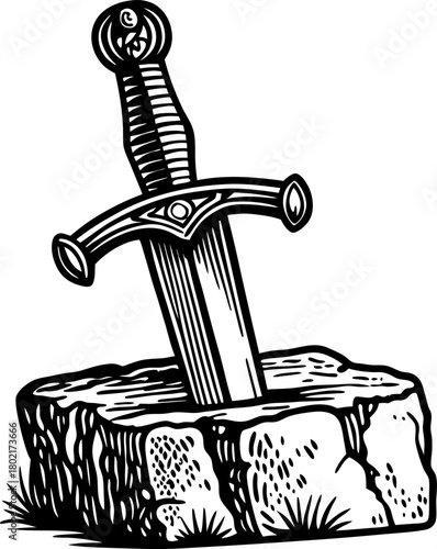 Legendary sword embedded in stone, medieval excalibur concept, ancient weapon symbol of heroism and destiny
