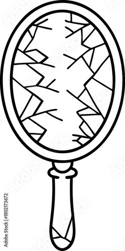 Broken hand mirror illustration cracked antique glass, vintage oval hand held accessory, line art drawing