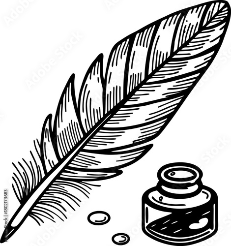 Vintage feather quill and inkwell illustration classic writing instrument, literature and creativity symbol, retro drawing