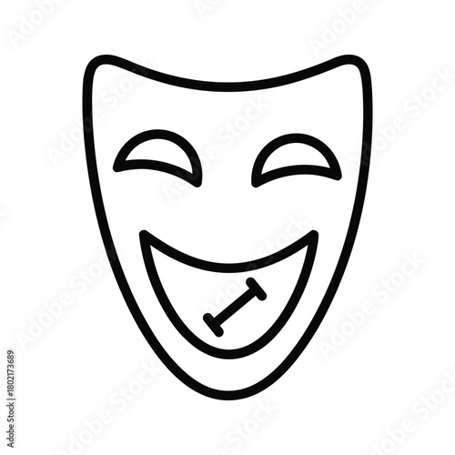 Black outline icon of a comedy theatrical mask with a wide happy smile, symbolizing joy, drama, and performance.