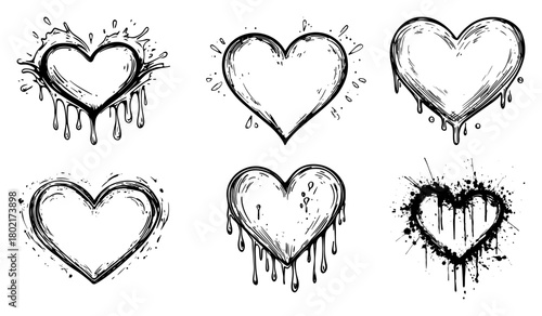Grunge Dripping Heart Vector Set Ink Splatter Tattoo Style