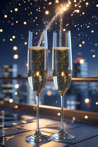 two glasses of champagne and fireworks