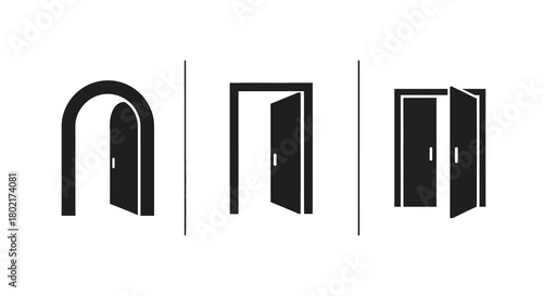 Minimalist black door icons: modern open doorway symbols in flat style