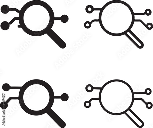 Isolated Search Circuit Icons black vector set, search, magnifier, find, digital search, minimal circuit, thin stroke, tech search, smart chip, vector isolated for buyers