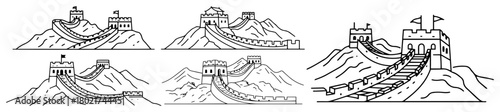 Great Wall of China line art icon set Hand drawn Chinese landmark collection for travel design Vector illustration