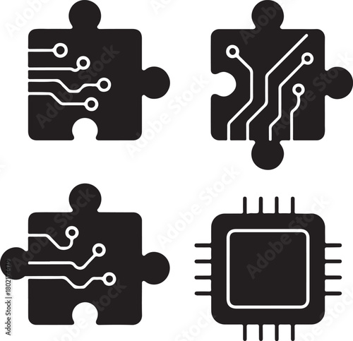 Isolated Puzzle Piece Circuit Icons black vector set, puzzle piece, game, solution, digital puzzle, minimal circuit, thin stroke, tech puzzle, smart chip, vector isolated for stock