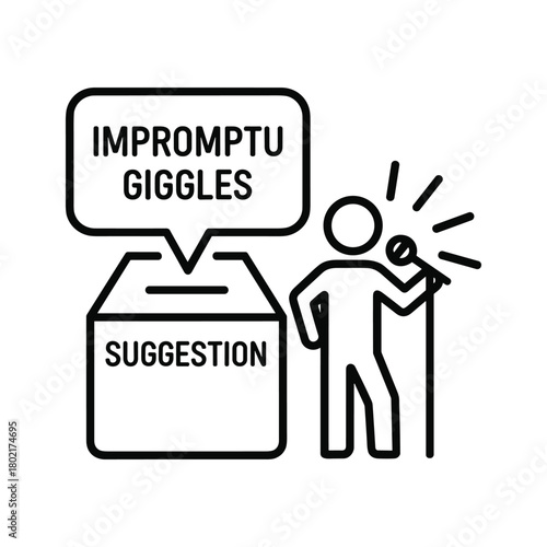 Impromptu giggles stand-up comedy performance and audience suggestion box icon, highlighting spontaneous humor and crowd interaction