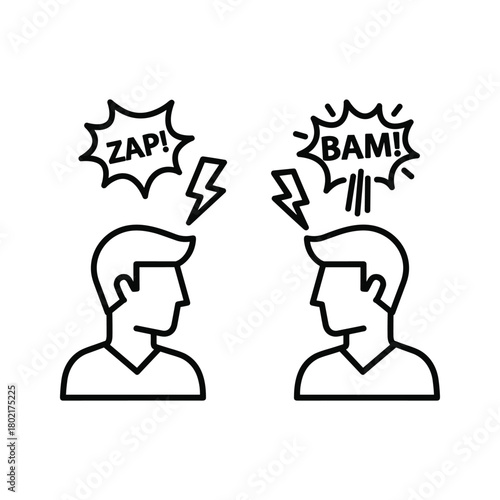 Two profile icons depicting a heated discussion or argument, with 'zap!' and 'bam!' speech bubbles and lightning strikes.