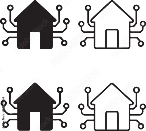 Isolated Home Door Circuit Icons black vector set, home door, house, entrance, digital home, minimal circuit, thin stroke, tech door, smart chip, vector isolated for buyers