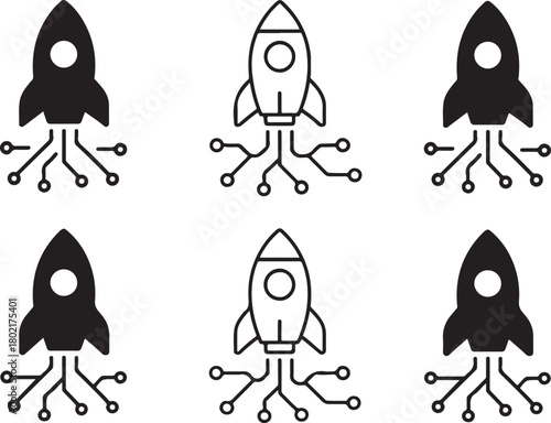 Isolated Rocket Circuit Icons black vector set, rocket, launch, space, digital rocket, minimal circuit, thin stroke, tech rocket, smart chip, vector isolated for stock buyers