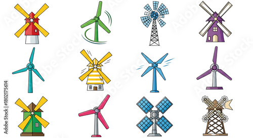 Diverse Windmills and Turbines Icon Set for Renewable Energy Web Design Projects