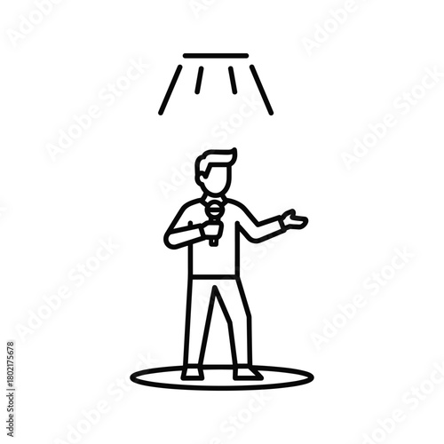 Male speaker line icon on stage with microphone under spotlight. public speaking, presentation, conference, live event host.