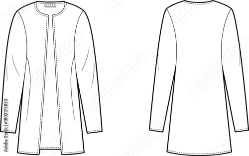 Technical fashion flat sketch of long sleeve coat, front and back view, minimal design, round neck, garment construction, pattern making illustration