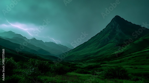 High Dynamic Range Night Landscape Of Calm Mountain Peak With Distant Cracking Lightning