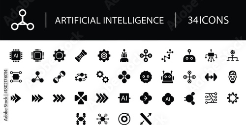 Artificial intelligence technology concept with black glyph icons set, minimal neural network and machine learning symbols collection of digital transformation.