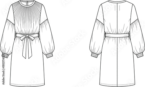 Technical fashion flat sketch of long sleeve dress with pleated bodice, waist tie belt, round neckline, front and back view, garment design illustration
