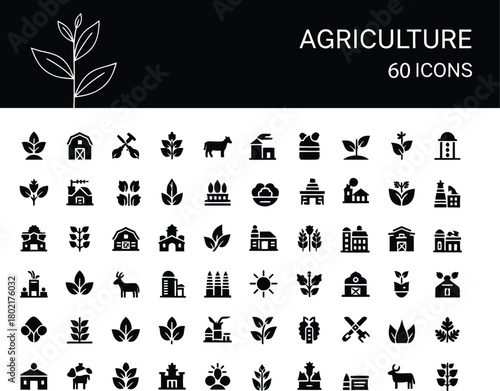 Agriculture farming and horticulture technology concept with black glyph icons set, minimal symbols collection of organic food production and sustainable industry.