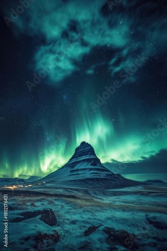 A mountain with a green glow in the sky